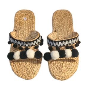 Sandals Flats Pom Pom Rattan Straw Sea Grass Woven Pompom 7 Slides Beachwear